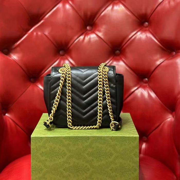 Gucci Women GG Marmont Matelassé Mini Tote Bag Black Chevron Leather Double G