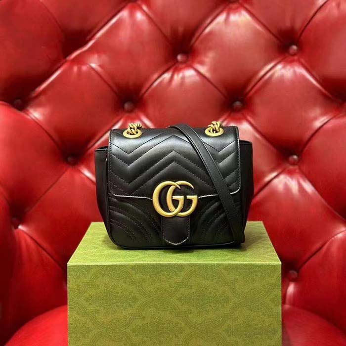 Gucci Women GG Marmont Matelassé Mini Tote Bag Black Chevron Leather Double G