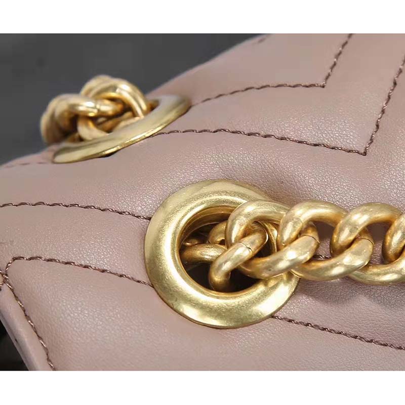 Gucci Women GG Marmont Matelassé Shoulder Bag Pink Chevron Leather Double G