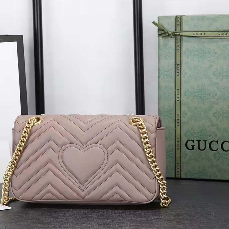 Gucci Women GG Marmont Matelassé Shoulder Bag Pink Chevron Leather Double G