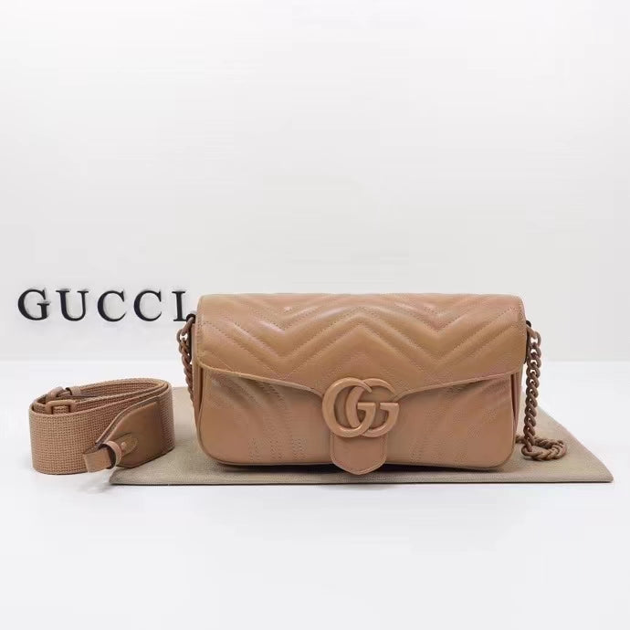 Gucci Women GG Marmont Matelassé Shoulder Bag Rose Pink Chevron Leather Double G