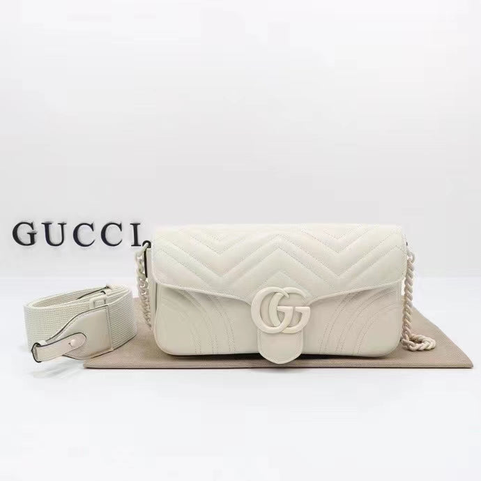 Gucci Women GG Marmont Matelassé Shoulder Bag White Chevron Leather Double G