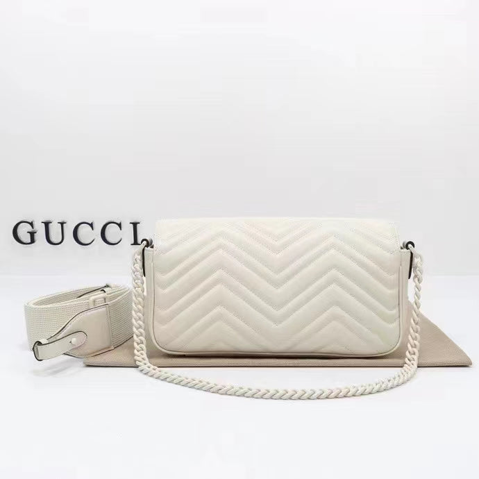 Gucci Women GG Marmont Matelassé Shoulder Bag White Chevron Leather Double G