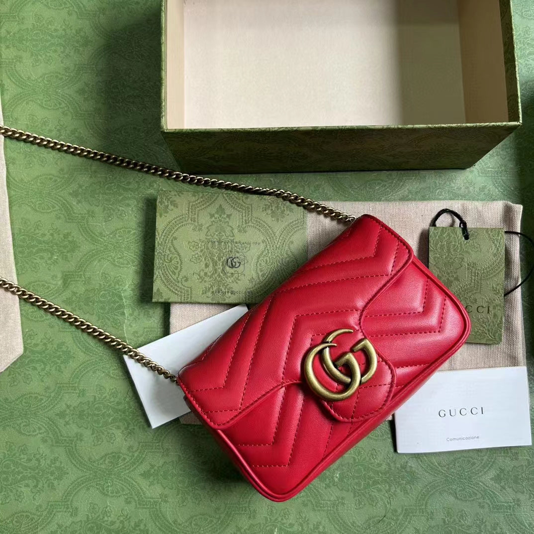 Gucci Women GG Marmont Matelassé Super Mini Bag Red Matelassé Chevron Leather