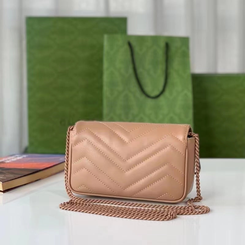 Gucci Women GG Marmont Matelassé Super Mini Bag Rose Beige Chevron Leather