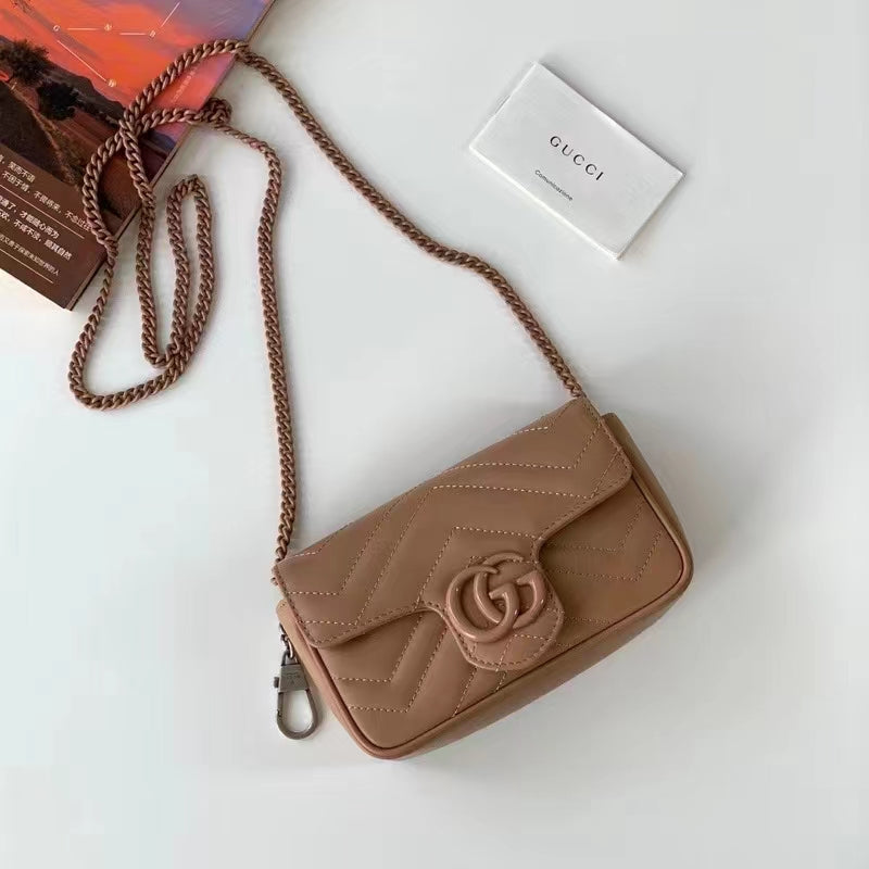 Gucci Women GG Marmont Matelassé Super Mini Bag Rose Beige Chevron Leather