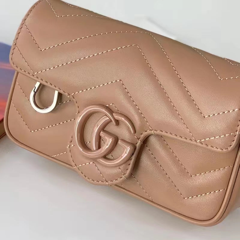 Gucci Women GG Marmont Matelassé Super Mini Bag Rose Beige Chevron Leather