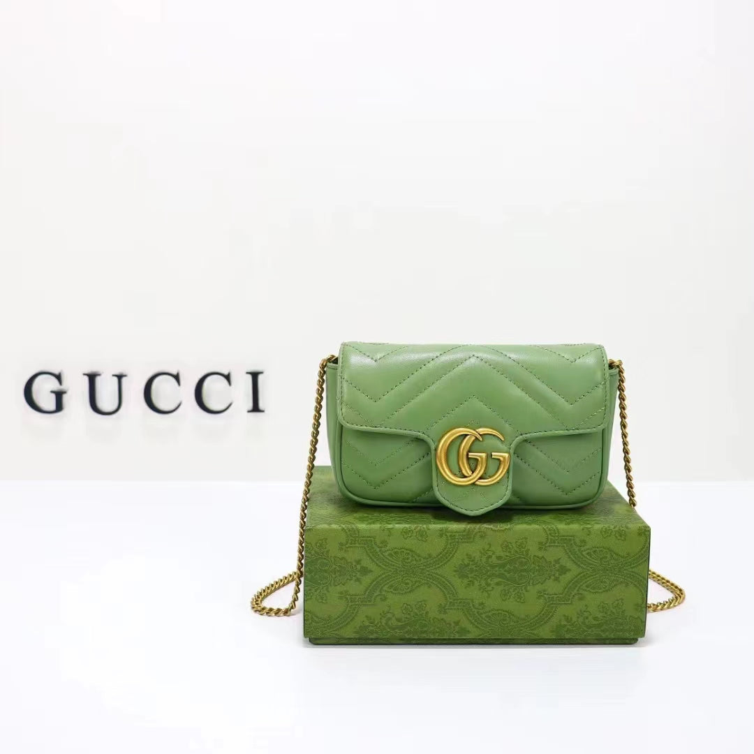 Gucci Women GG Marmont Matelassé Super Mini Bag Sage Green Chevron Leather