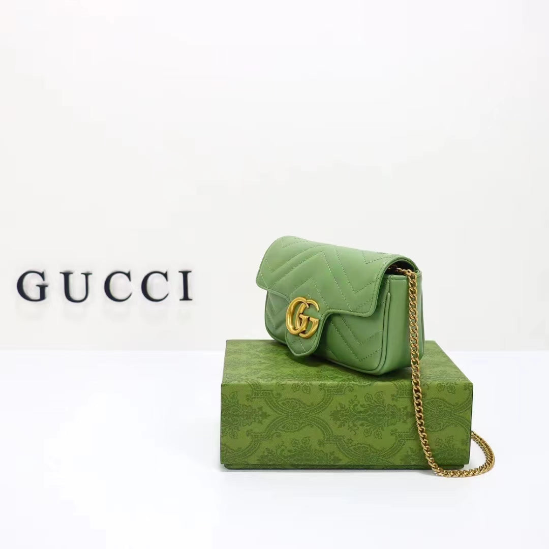 Gucci Women GG Marmont Matelassé Super Mini Bag Sage Green Chevron Leather