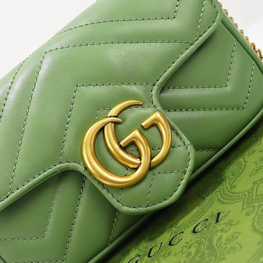 Gucci Women GG Marmont Matelassé Super Mini Bag Sage Green Chevron Leather