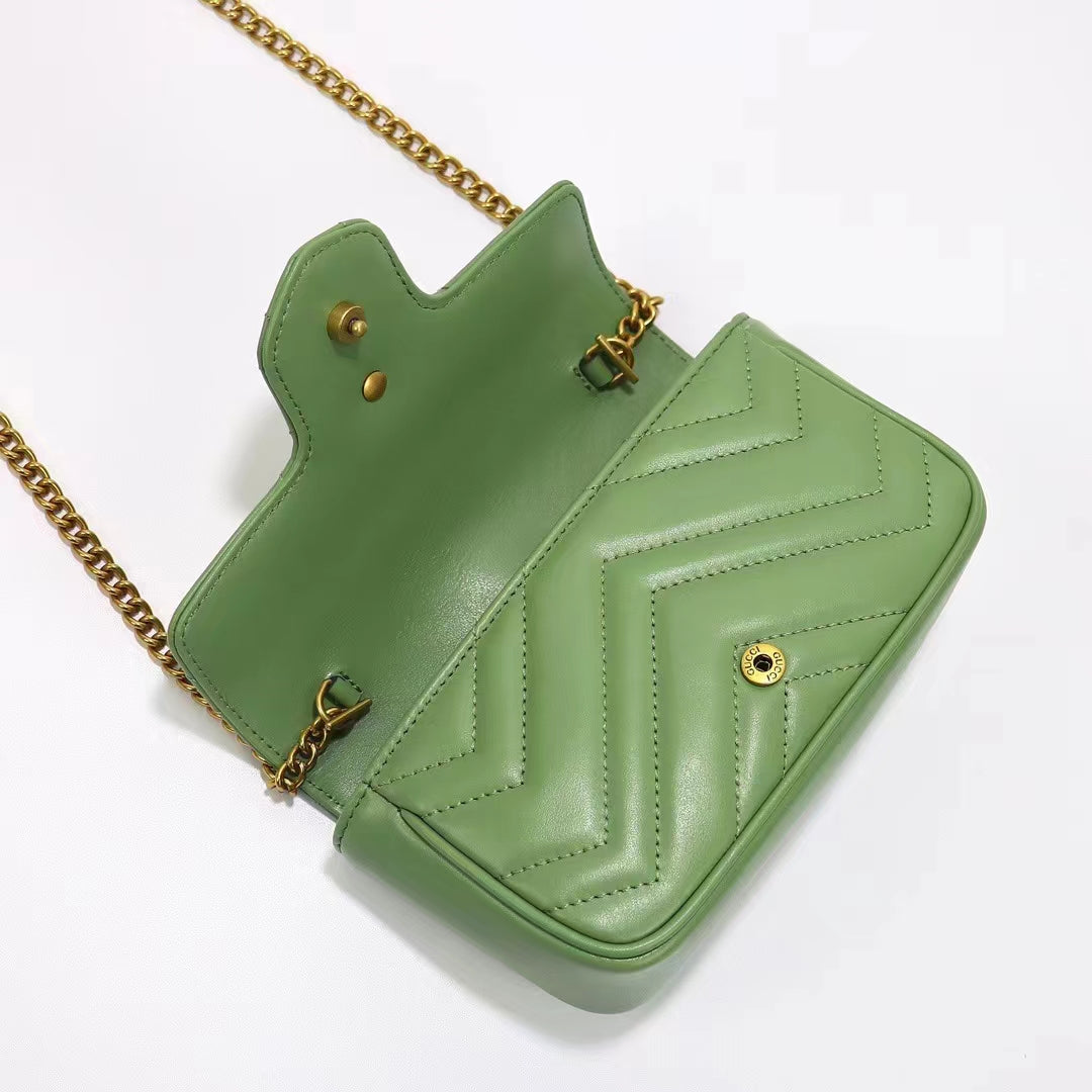 Gucci Women GG Marmont Matelassé Super Mini Bag Sage Green Chevron Leather