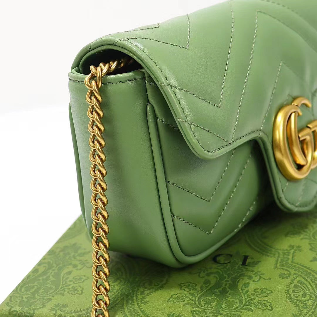 Gucci Women GG Marmont Matelassé Super Mini Bag Sage Green Chevron Leather