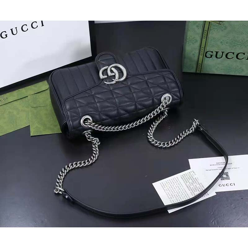 Gucci Women GG Marmont Medium Shoulder Bag Black Matelassé Double G