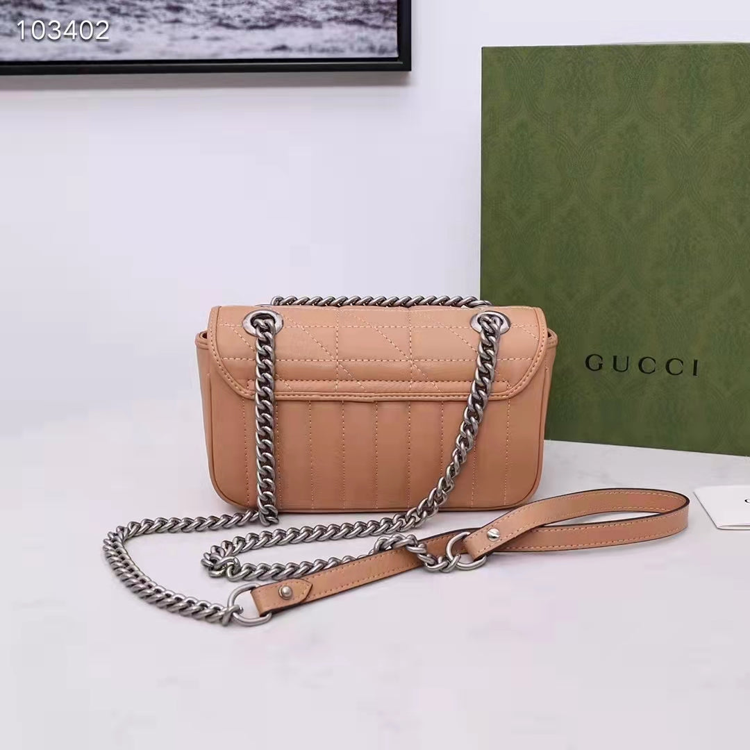 Gucci Women GG Marmont Mini Bag Beige Double G Matelassé Leather