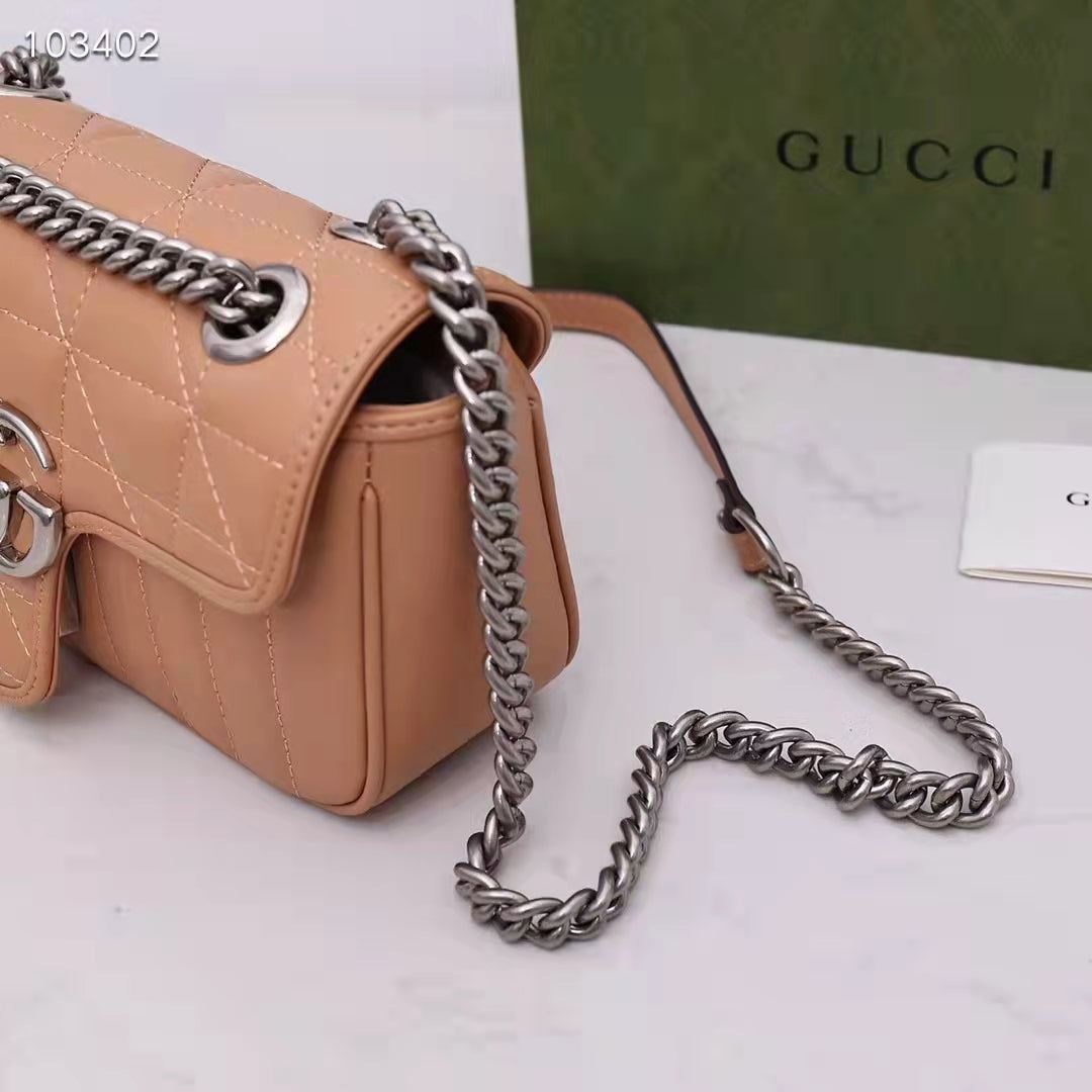 Gucci Women GG Marmont Mini Bag Beige Double G Matelassé Leather