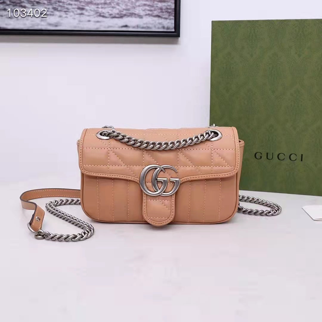 Gucci Women GG Marmont Mini Bag Beige Double G Matelassé Leather