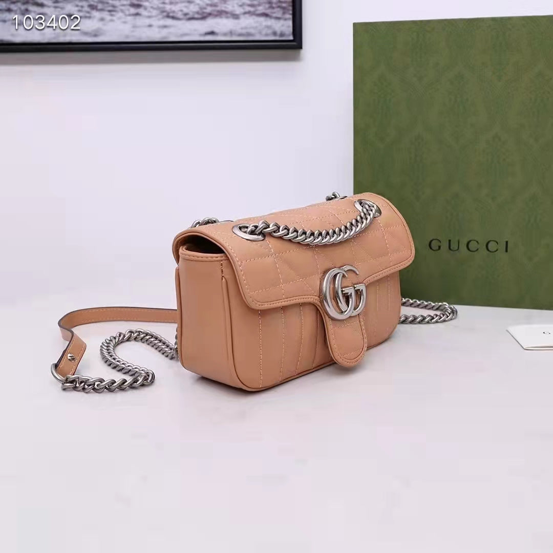 Gucci Women GG Marmont Mini Bag Beige Double G Matelassé Leather