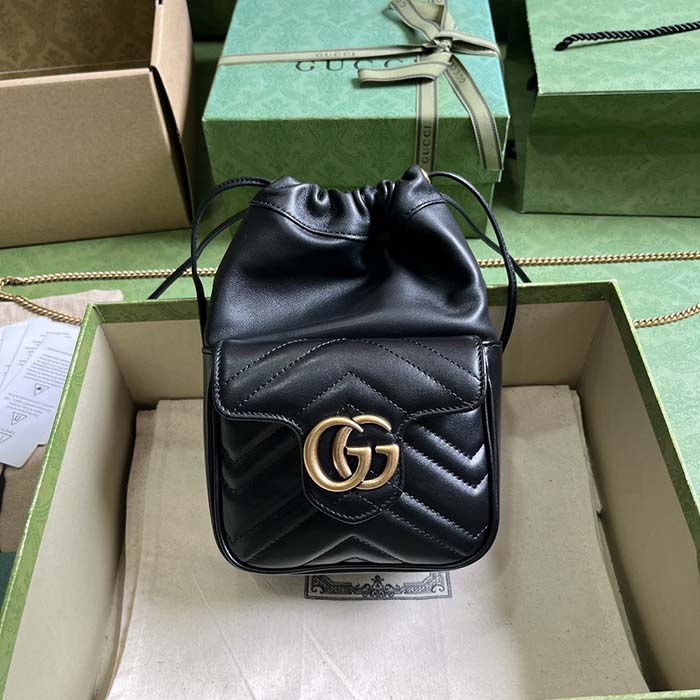 Gucci Women GG Marmont Mini Bucket Bag Black Matelassé Chevron Leather Double G