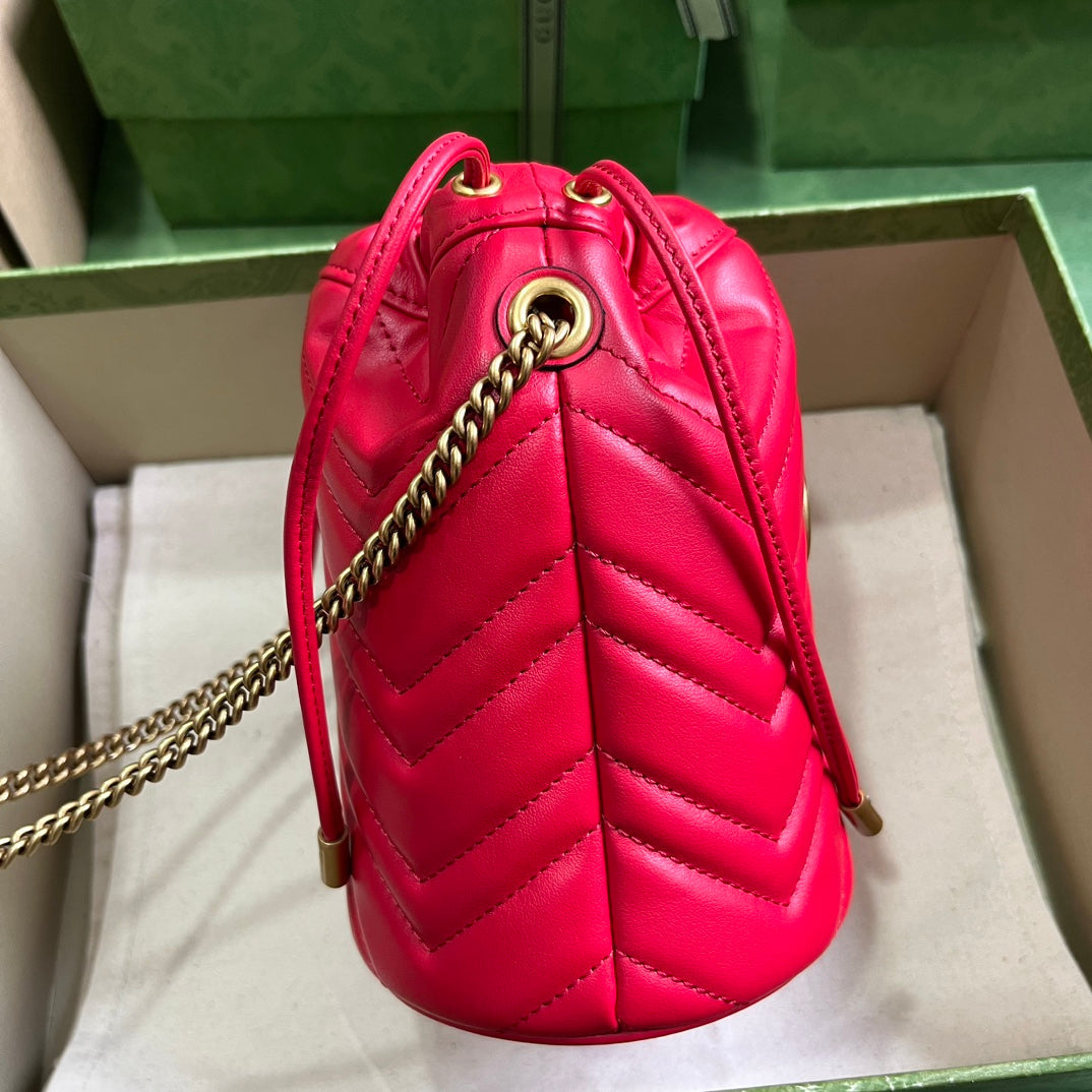 Gucci Women GG Marmont Mini Bucket Bag Red Matelassé Chevron Leather Double G