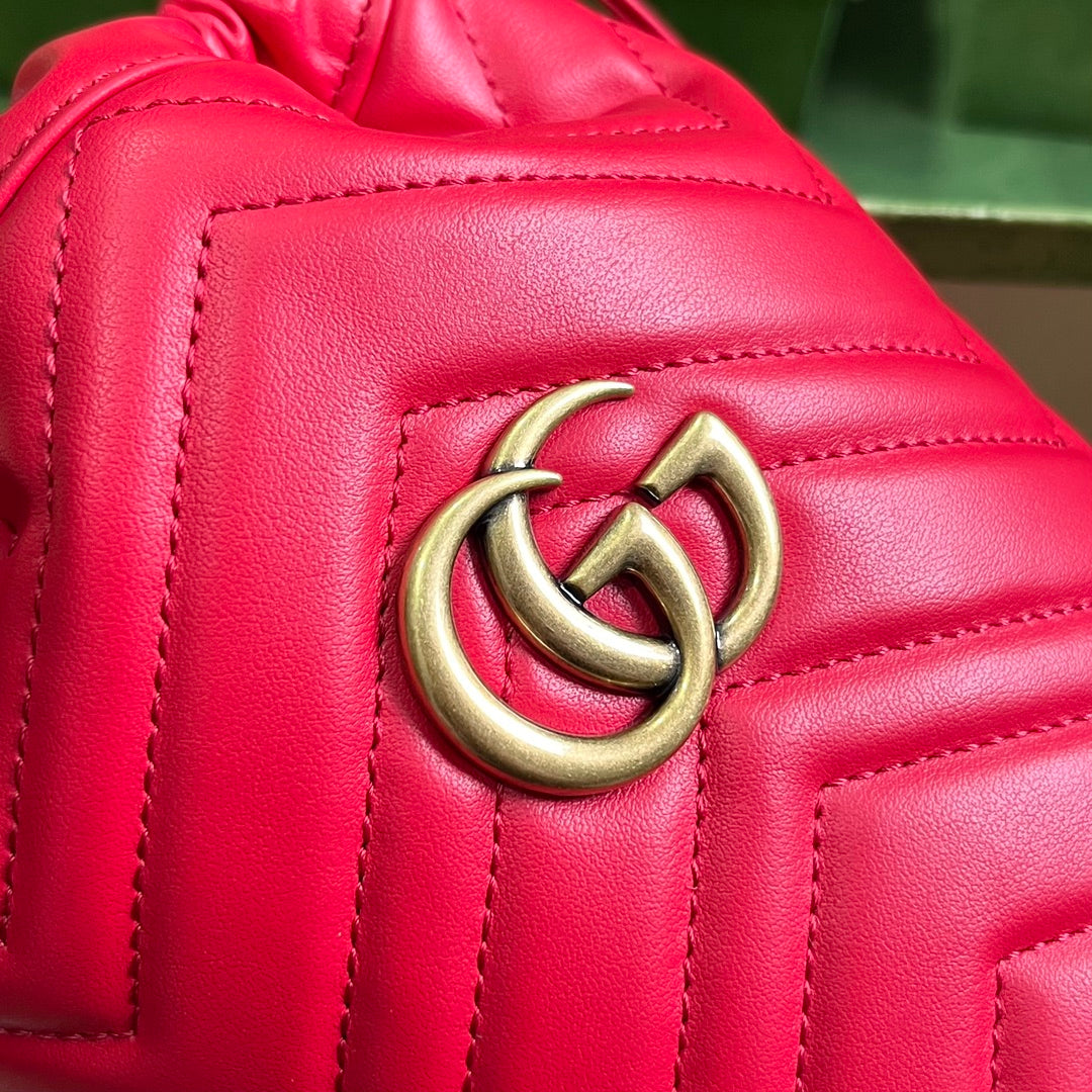 Gucci Women GG Marmont Mini Bucket Bag Red Matelassé Chevron Leather Double G