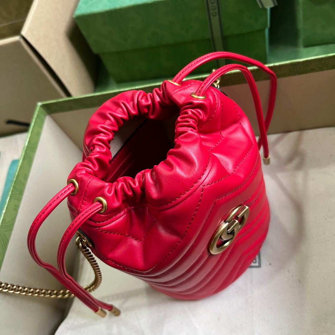 Gucci Women GG Marmont Mini Bucket Bag Red Matelassé Chevron Leather Double G