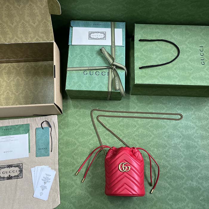 Gucci Women GG Marmont Mini Bucket Bag Red Matelassé Chevron Leather Double G