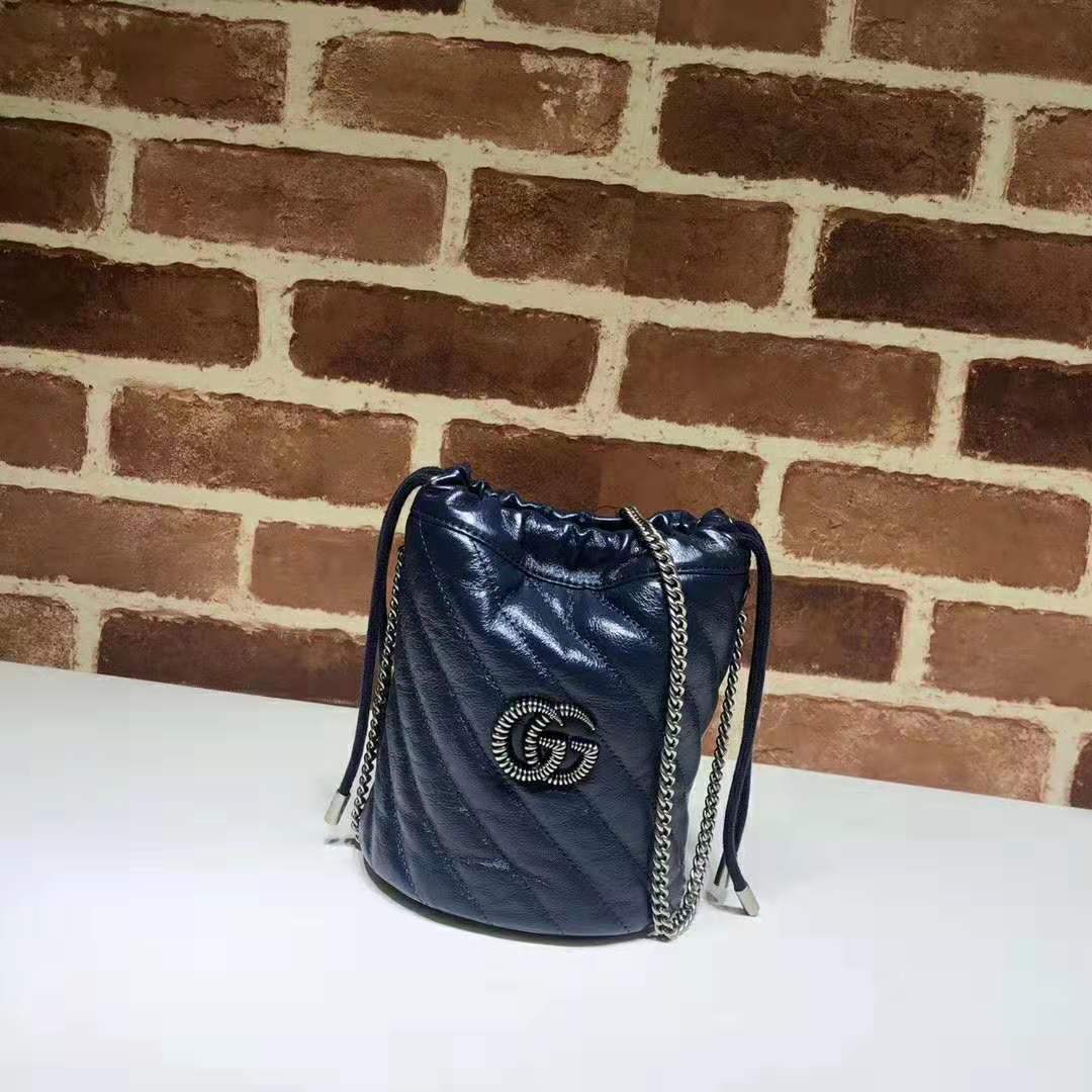 Gucci Women GG Marmont Mini Bucket Bag in Blue Diagonal Matelassé Leather