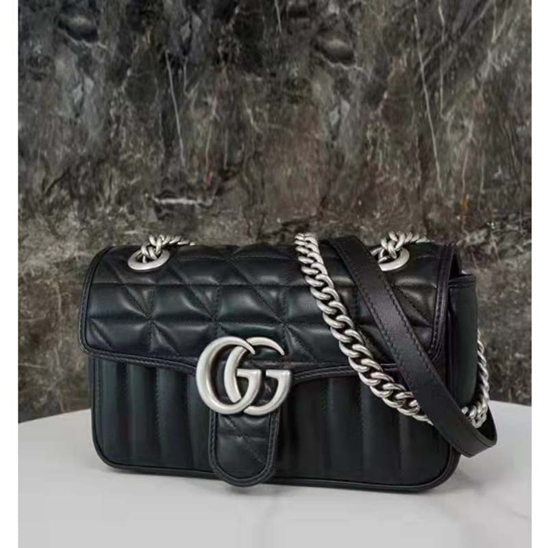 Gucci Women GG Marmont Mini Shoulder Bag Black Double G Matelassé