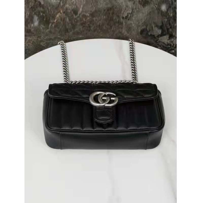 Gucci Women GG Marmont Mini Shoulder Bag Black Double G Matelassé