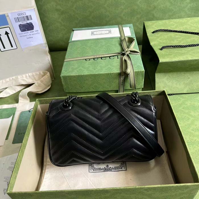 Gucci Women GG Marmont Mini Shoulder Bag Black Matelassé Chevron Double G Leather