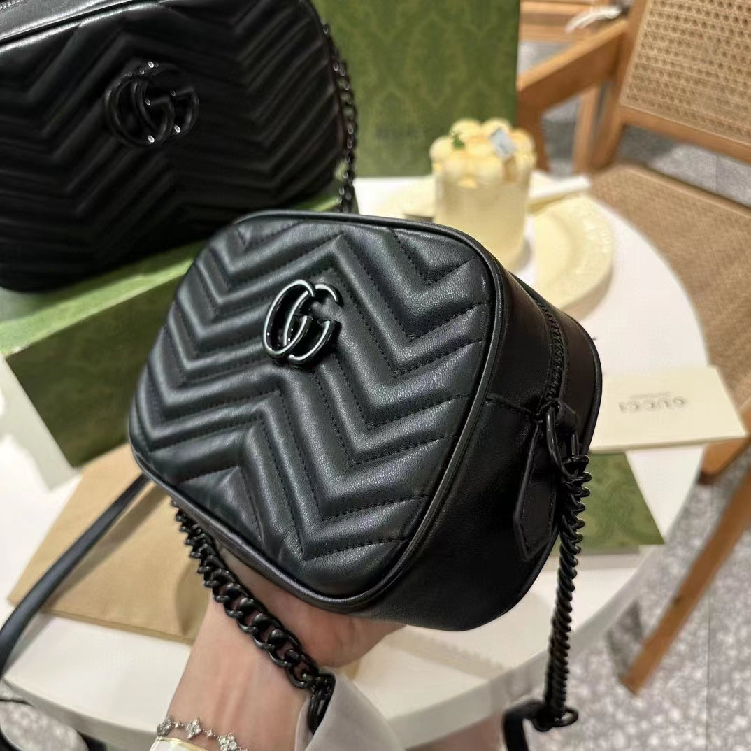 Gucci Women GG Marmont Mini Shoulder Bag Black Matelassé Chevron Leather