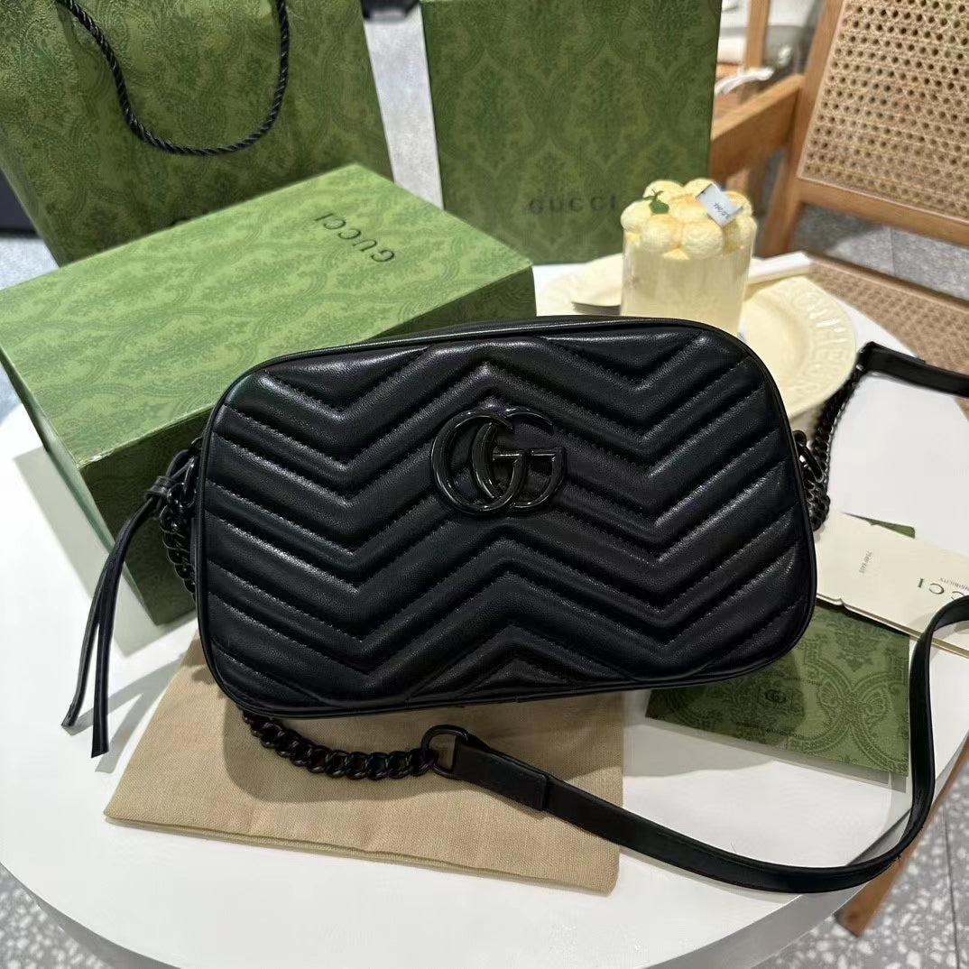 Gucci Women GG Marmont Mini Shoulder Bag Black Matelassé Chevron Leather