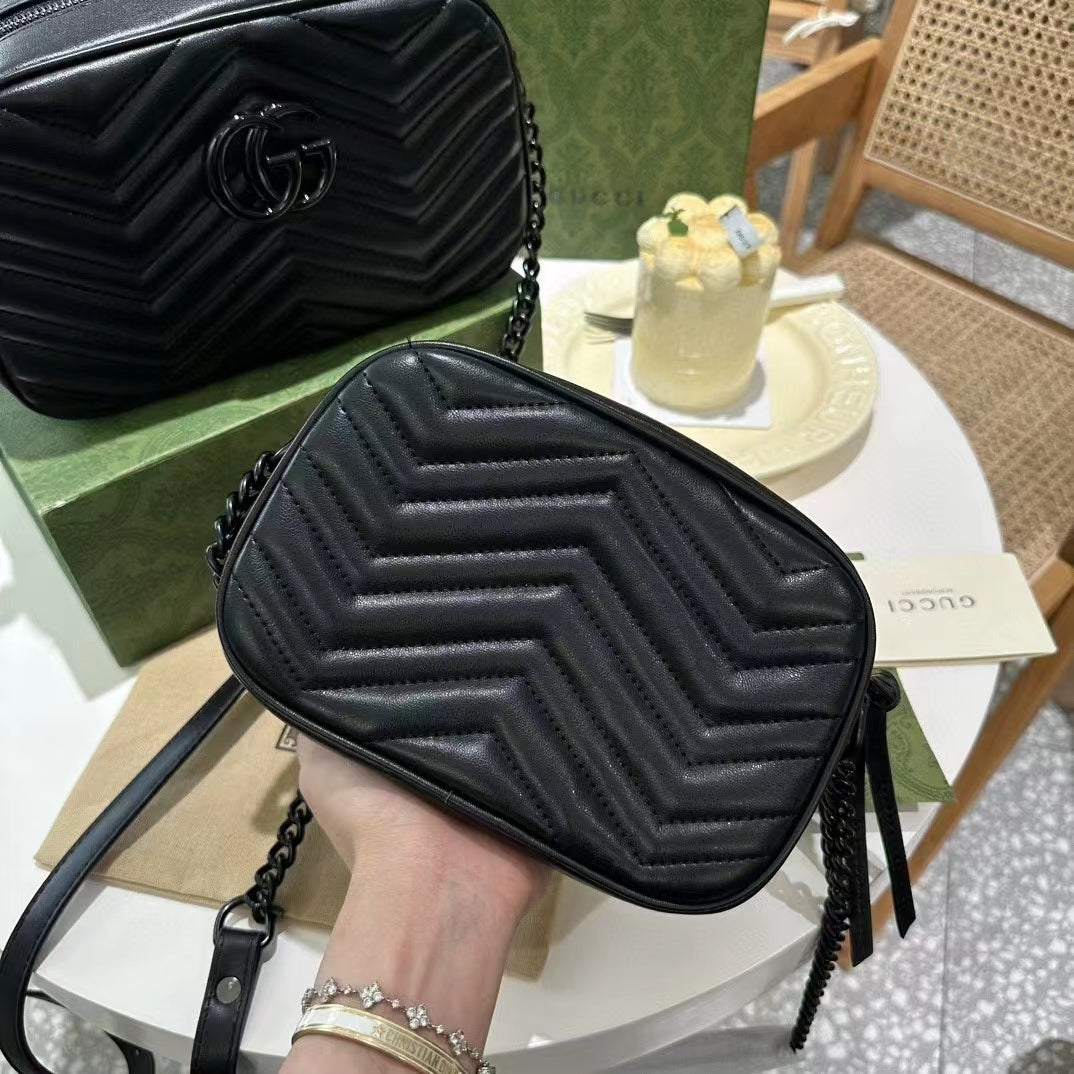 Gucci Women GG Marmont Mini Shoulder Bag Black Matelassé Chevron Leather