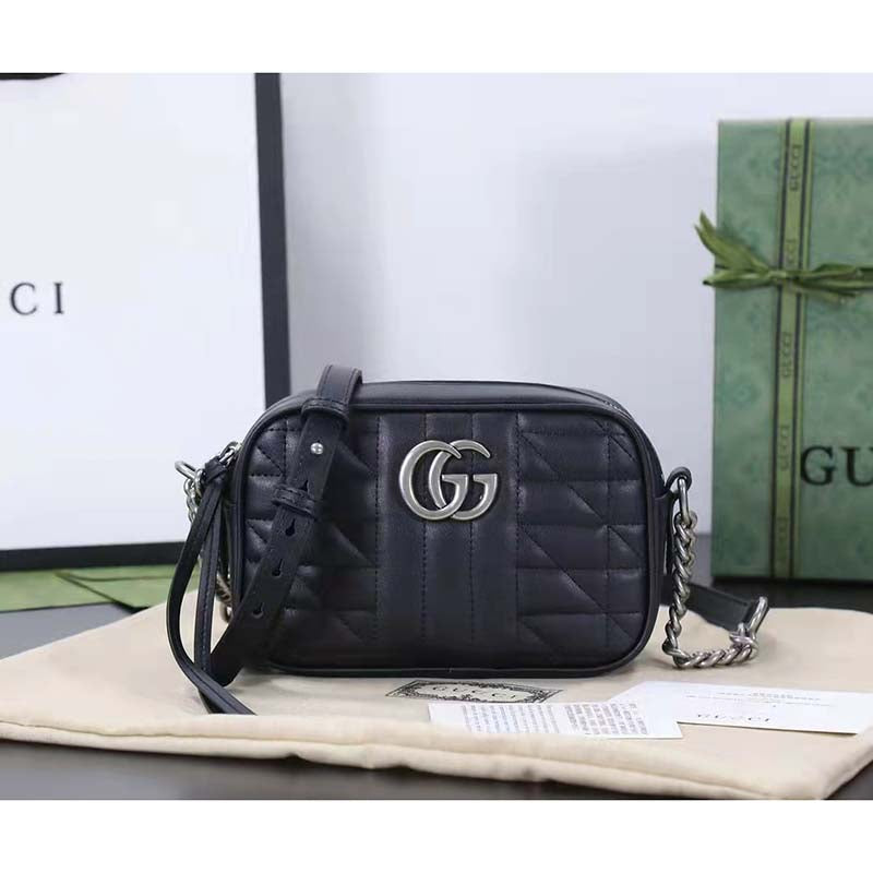 Gucci Women GG Marmont Mini Shoulder Bag Black Matelassé Leather