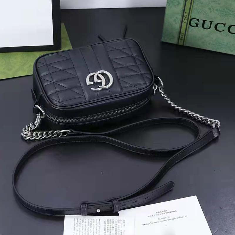 Gucci Women GG Marmont Mini Shoulder Bag Black Matelassé Leather