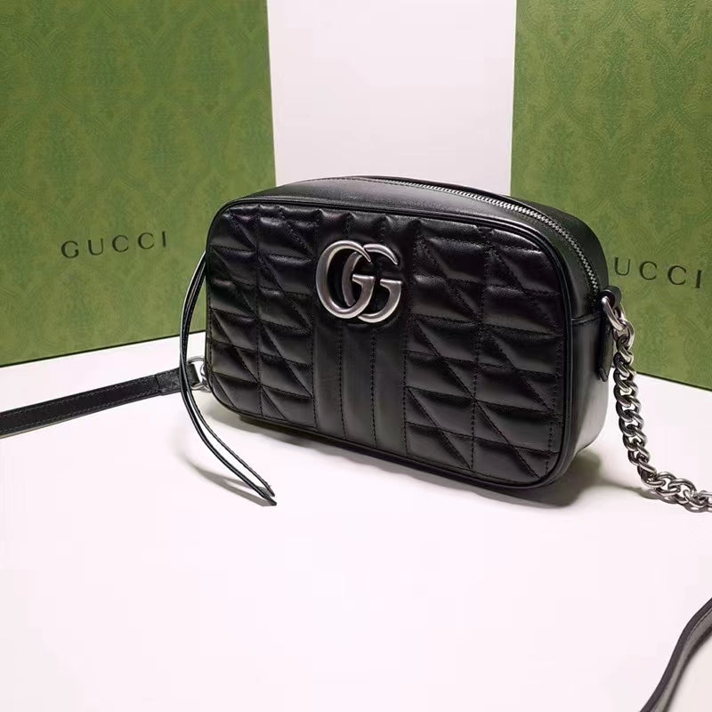 Gucci Women GG Marmont Mini Shoulder Bag Black Matelassé Leather Double G