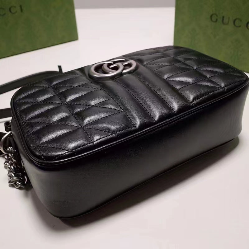 Gucci Women GG Marmont Mini Shoulder Bag Black Matelassé Leather Double G