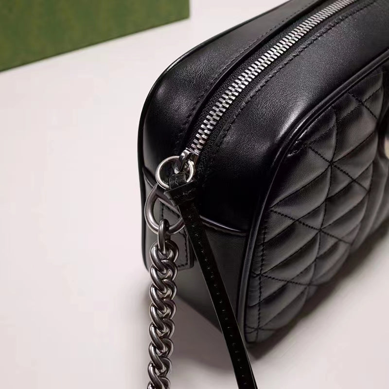 Gucci Women GG Marmont Mini Shoulder Bag Black Matelassé Leather Double G