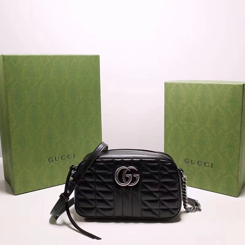 Gucci Women GG Marmont Mini Shoulder Bag Black Matelassé Leather Double G