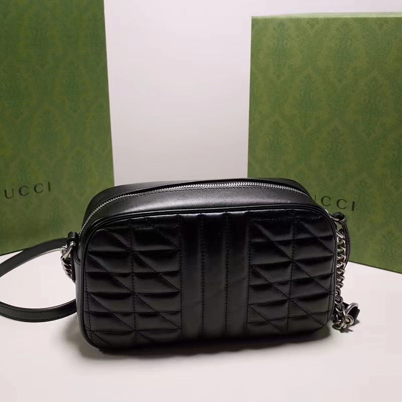 Gucci Women GG Marmont Mini Shoulder Bag Black Matelassé Leather Double G