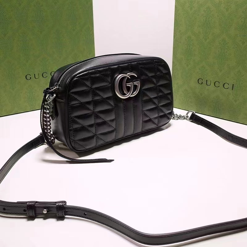 Gucci Women GG Marmont Mini Shoulder Bag Black Matelassé Leather Double G