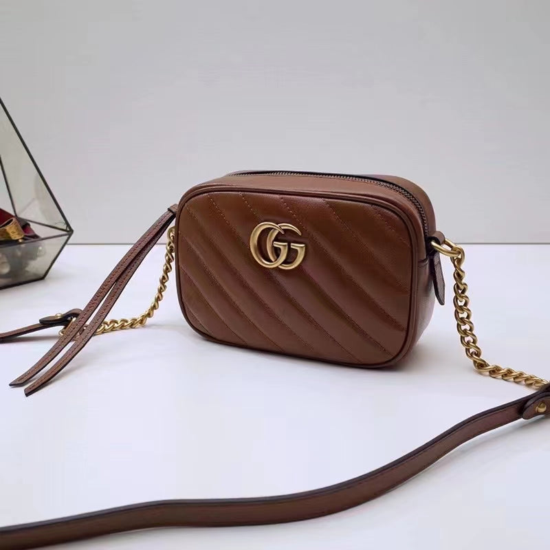 Gucci Women GG Marmont Mini Shoulder Bag Brown Matelassé Leather Double G