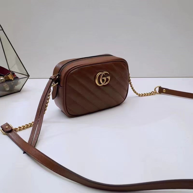 Gucci Women GG Marmont Mini Shoulder Bag Brown Matelassé Leather Double G