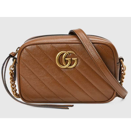 Gucci Women GG Marmont Mini Shoulder Bag Brown Matelassé Leather Double G