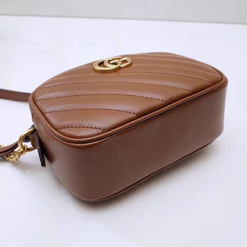 Gucci Women GG Marmont Mini Shoulder Bag Brown Matelassé Leather Double G