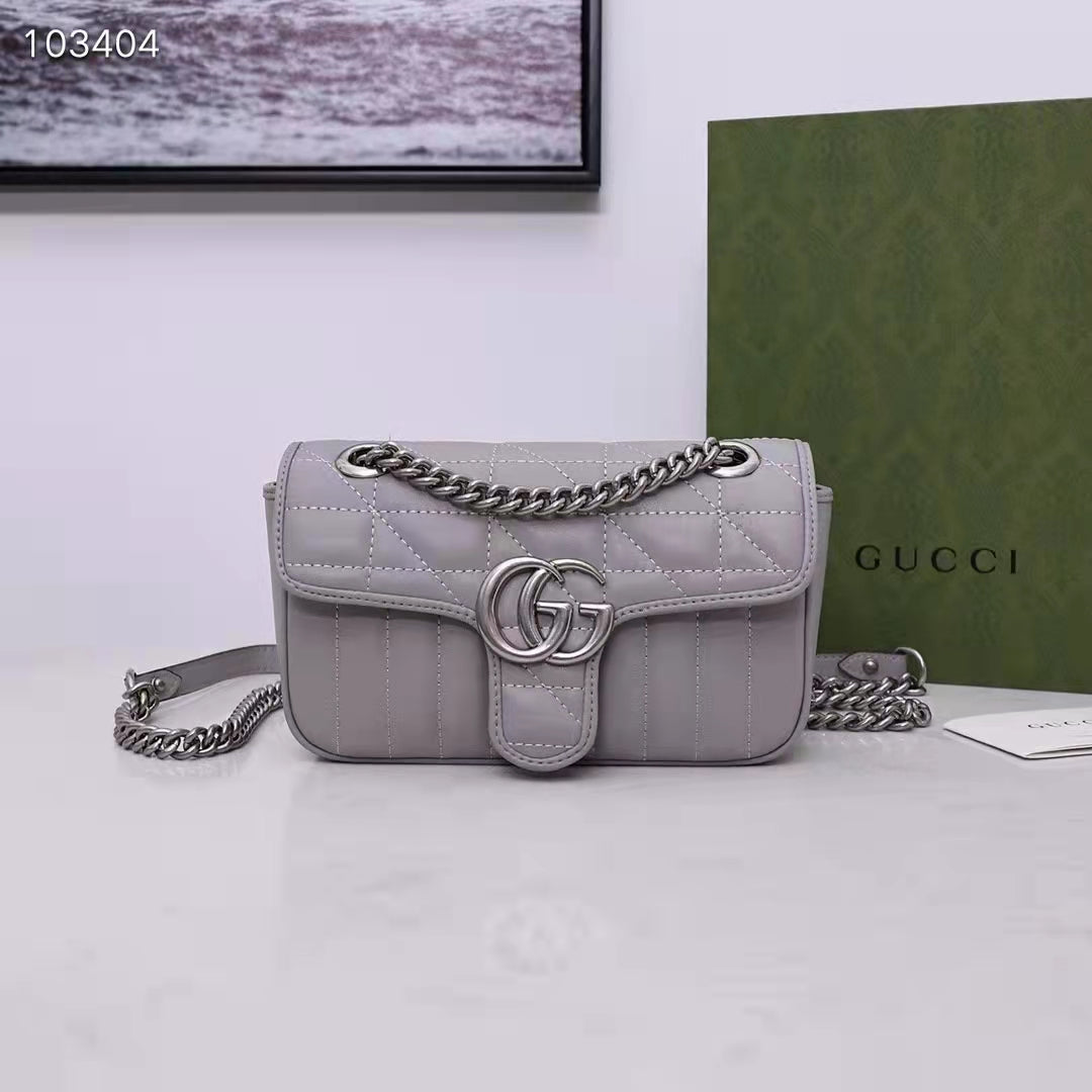 Gucci Women GG Marmont Mini Shoulder Bag Dark Grey Double G Matelassé Leather