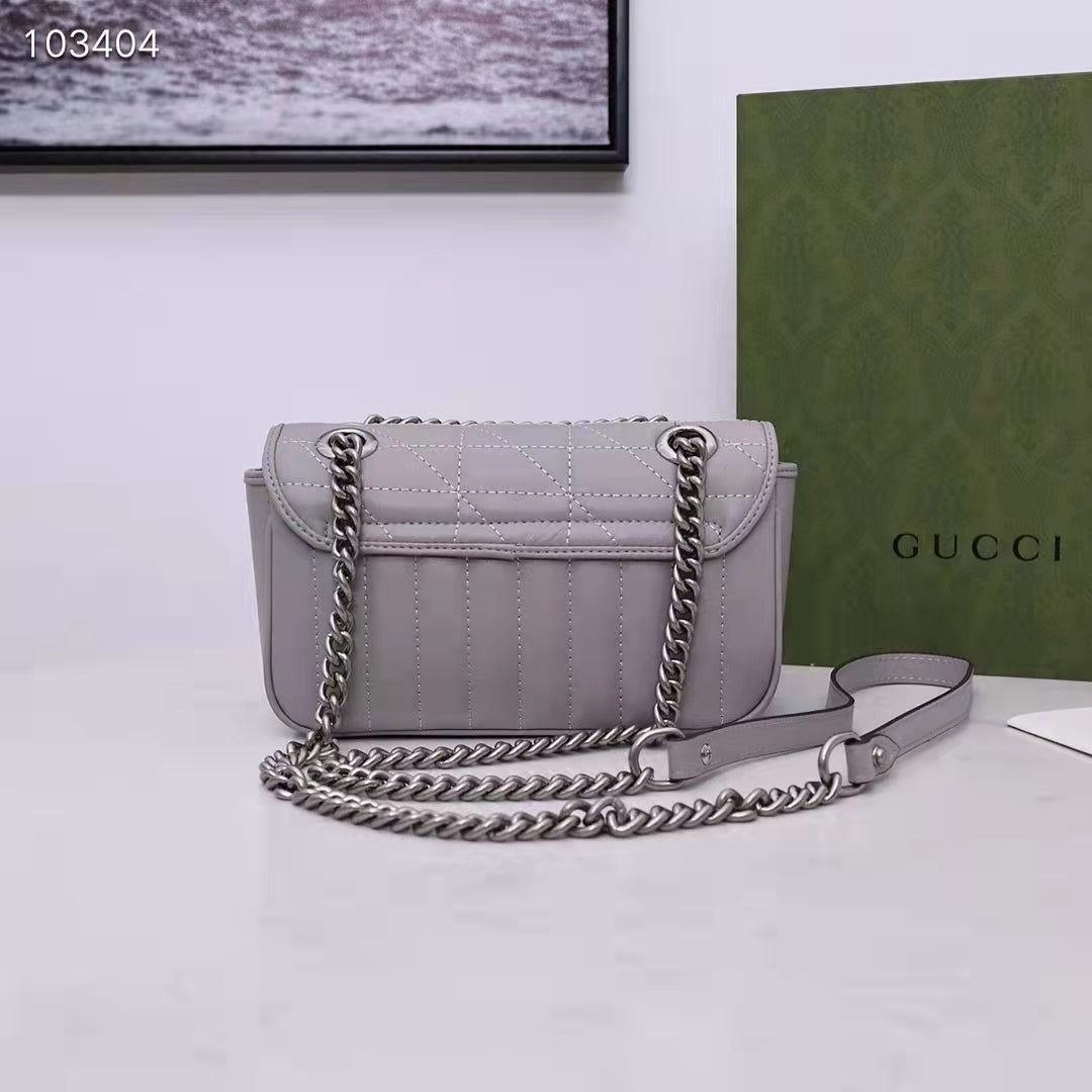 Gucci Women GG Marmont Mini Shoulder Bag Dark Grey Double G Matelassé Leather