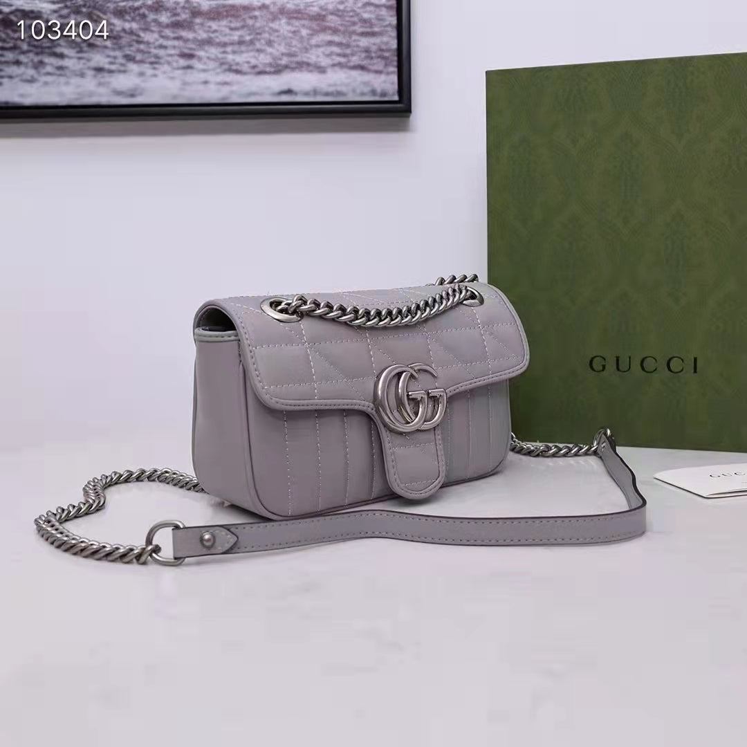 Gucci Women GG Marmont Mini Shoulder Bag Dark Grey Double G Matelassé Leather