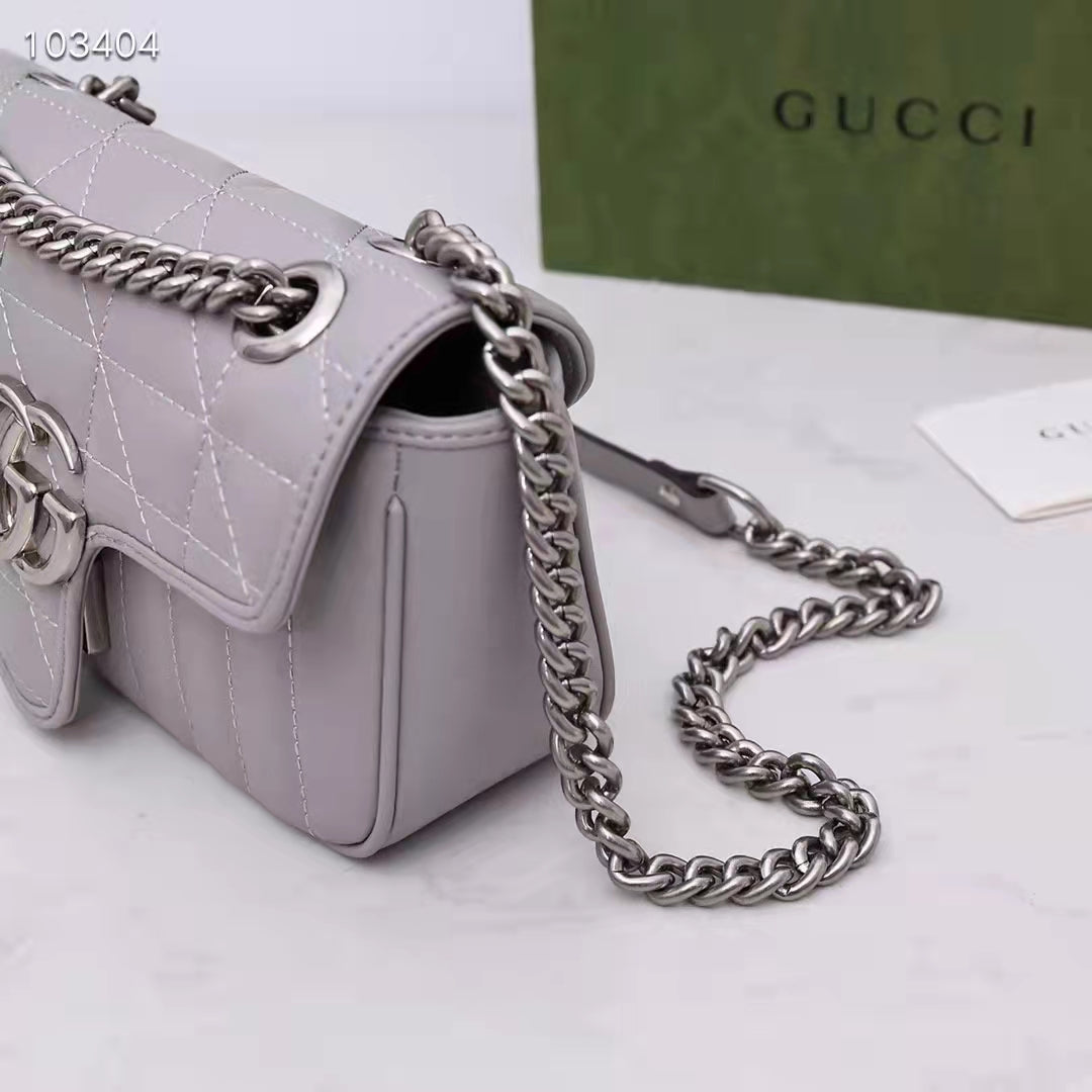 Gucci Women GG Marmont Mini Shoulder Bag Dark Grey Double G Matelassé Leather