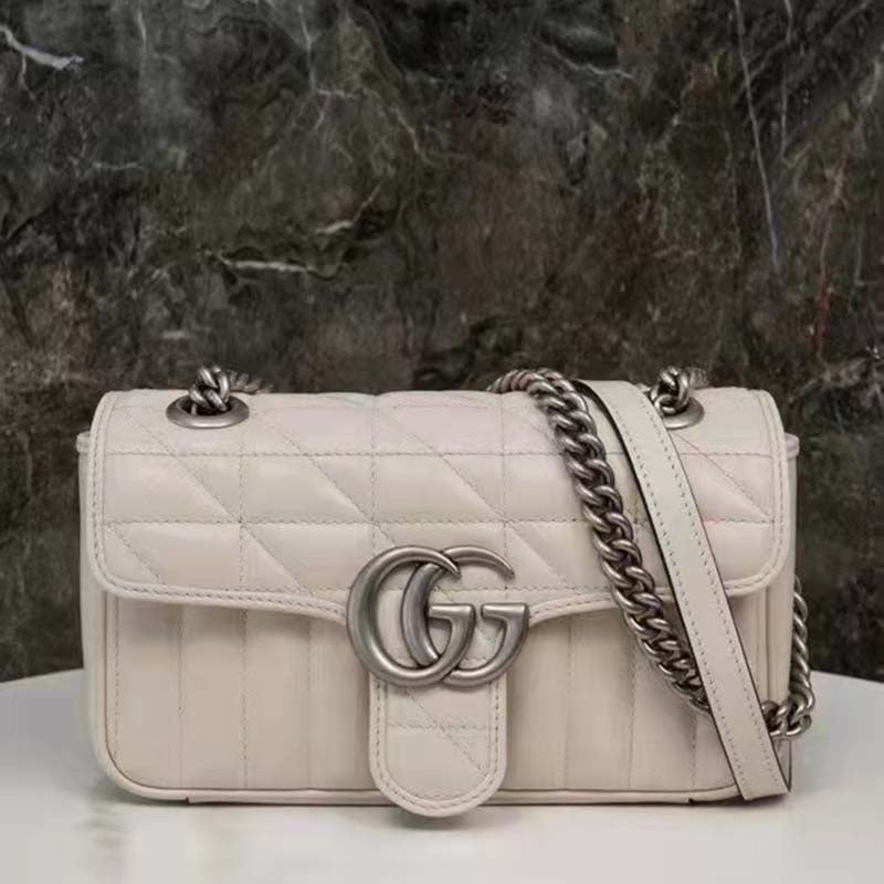 Gucci Women GG Marmont Mini Shoulder Bag White Double G Matelassé